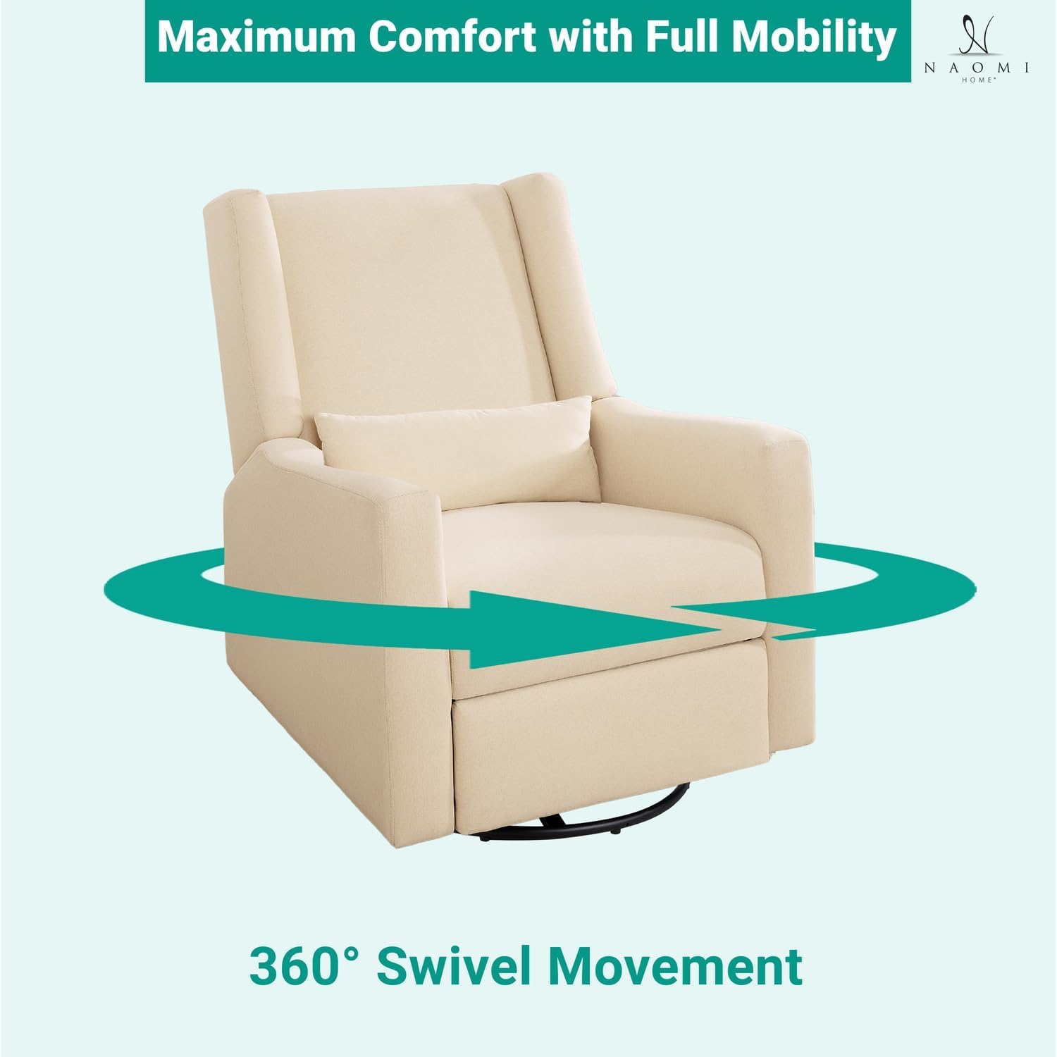 Naomi Home Tanya Luxury Motion Recliner Chair, Cream – Plush Upholstered Glider Rocker with USB Charging, Swivel, and Lumbar Support for Nursery Comfort, 275 lbs Capacity