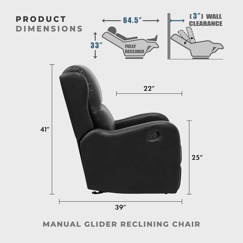 Lexicon Manual Glider Recliner Chair, Reclining Sofa Chair, Home Theater Seating, Manual Glider Recliner for Living Room/Office/Apartment, Easy Assembly, Black Faux Leather