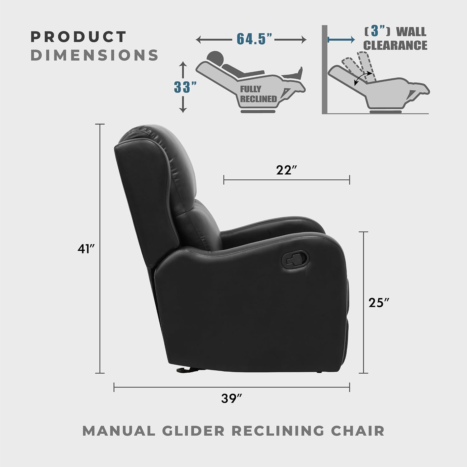 Lexicon Manual Glider Recliner Chair, Reclining Sofa Chair, Home Theater Seating, Manual Glider Recliner for Living Room/Office/Apartment, Easy Assembly, Black Faux Leather