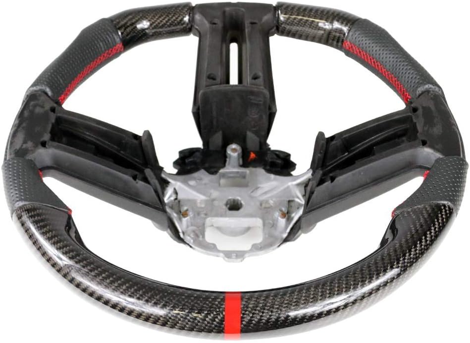 Compatible with 2010-2014 Ford Mustang, Steering Wheel with Red Stitching & Indicator, Black Carbon Fiber & Perforated Leather Steering Wheel Brushed Kit by IKON MOTORSPORTS