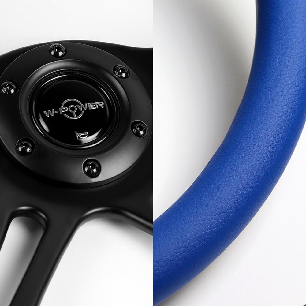 W-Power, 14' Universal 350mm 6 Bolt Hole Vintage Style with Aluminum Polished Special Leather Grip Steering Wheel, Black Horn Button, 4-Spoke (Blue Leather/Black Spoke)