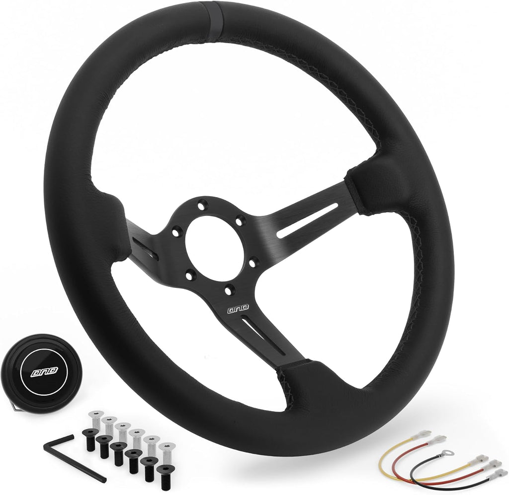 DND Performance Interior's Leather Race Steering Wheel / 350mm Diameter and 75mm Depth / 6x70mm Bolt Pattern/DND Leather Steering Wheel with Horn Button Included (Colored Stitching) (Black)