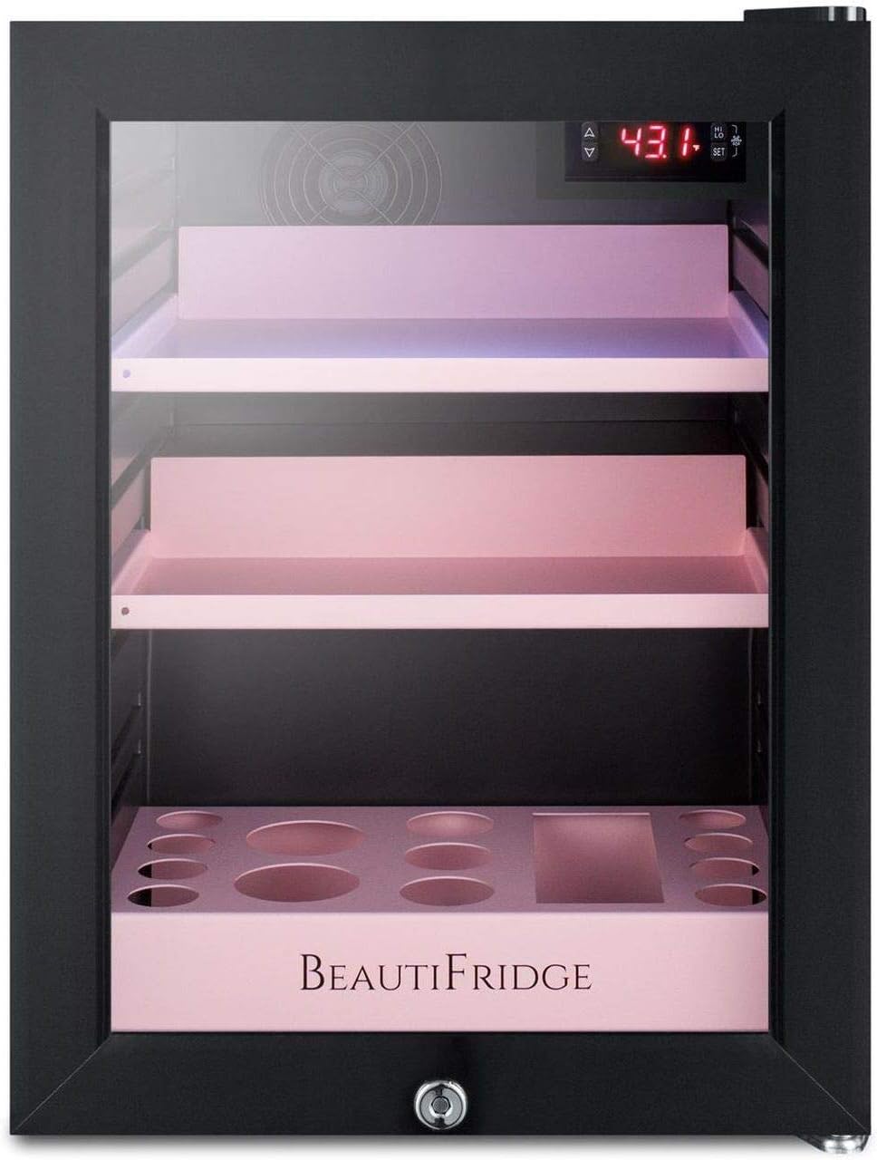 Summit Appliance LX114LP BeautiFridge Compact Cosmetics Cooler, Black Finish with Pink Adjustable Shelves, Digital Thermostat, Automatic Defrost, Factory Lock, Tempered Glass Door