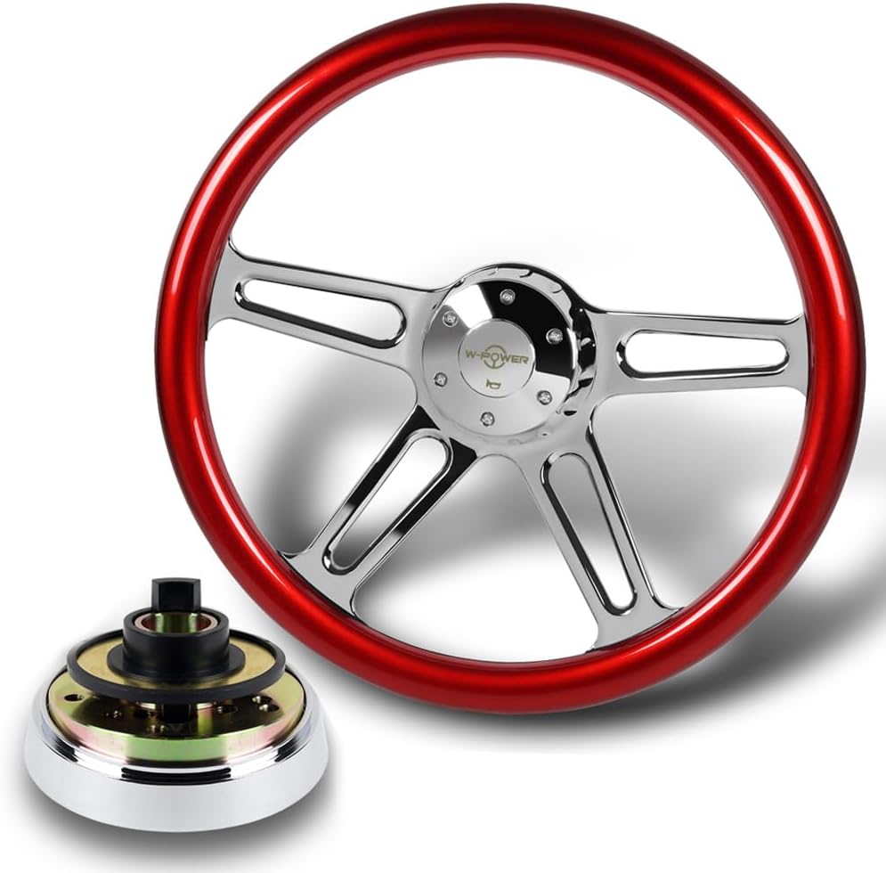 18' Universal 457mm 5 Bolt Hole 2 Inches Deep, Vintage Style Wood Grip Steering Wheel with Hub Adapter Compatible with T04 Kenworth, Peterbilt All Models (Red Wood Grip)