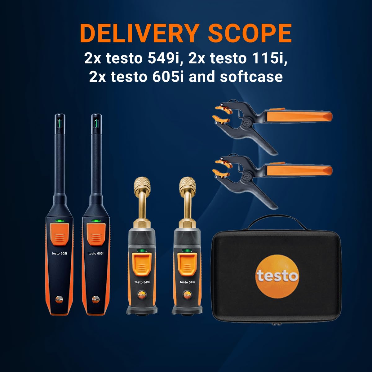 testo Smart Probe Kit - HVAC/R Test & Load Set for Air Conditioning, Refrigeration & Heating System - with 2X 115i Clamp Meter, 2X 549i High Pressure Gauge, 2X 605i Thermohygrometer – with Bluetooth