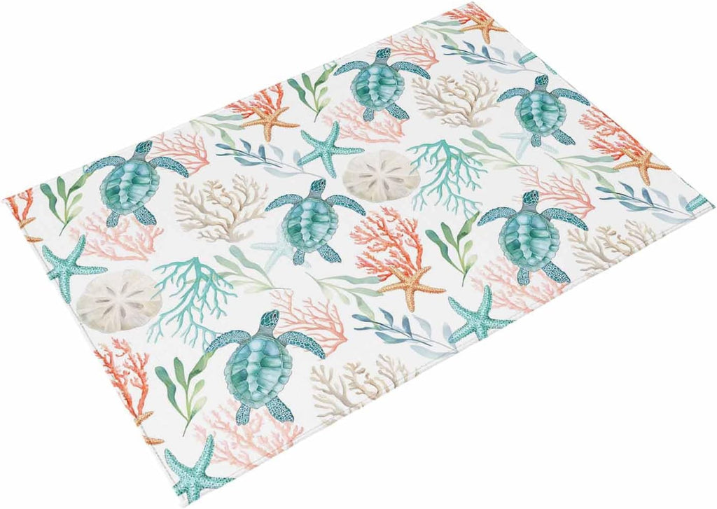 Teal Red Coastal Outdoor Rug for Patio/Deck/Porch, Non-Slip Large Area Rug 5 x 8 Ft, Beach Nautical Sea Turtle Coral Starfish Indoor Outdoor Rugs Washable Area Rugs, Camping Rug Carpet Runner