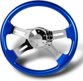 W-Power, 16' Universal 406mm 5 Bolt Hole 2 Inches Deep with Aluminum Polished Vintage Style Wood Grip Steering Wheel, Chrome Horn Button (Blue Wood Grip/Chrome Spokes)
