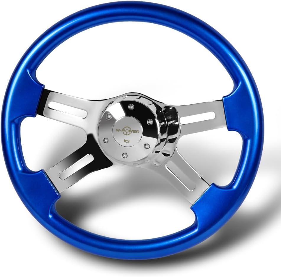 W-Power, 16' Universal 406mm 5 Bolt Hole 2 Inches Deep with Aluminum Polished Vintage Style Wood Grip Steering Wheel, Chrome Horn Button (Blue Wood Grip/Chrome Spokes)