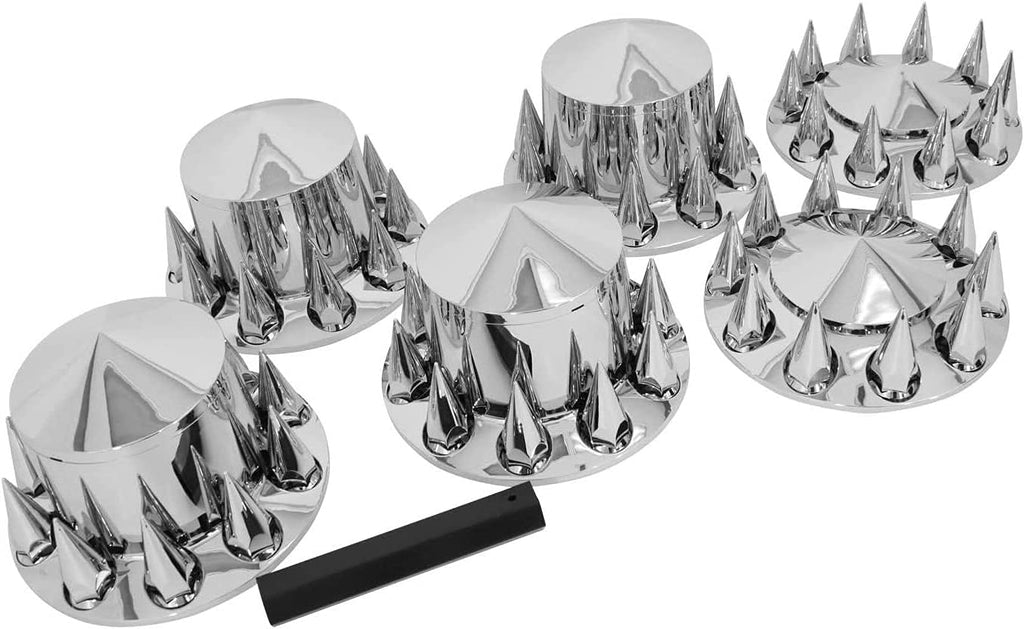 TORQUE Chrome Spiked Front and Rear Axle Complete Wheel Cover Set 33mm Screw-on Lug Nut Covers for Semi Trucks (Installation Tool Included) Standart Hub Caps Kit (2 Front & 4 Rear) (TR571)