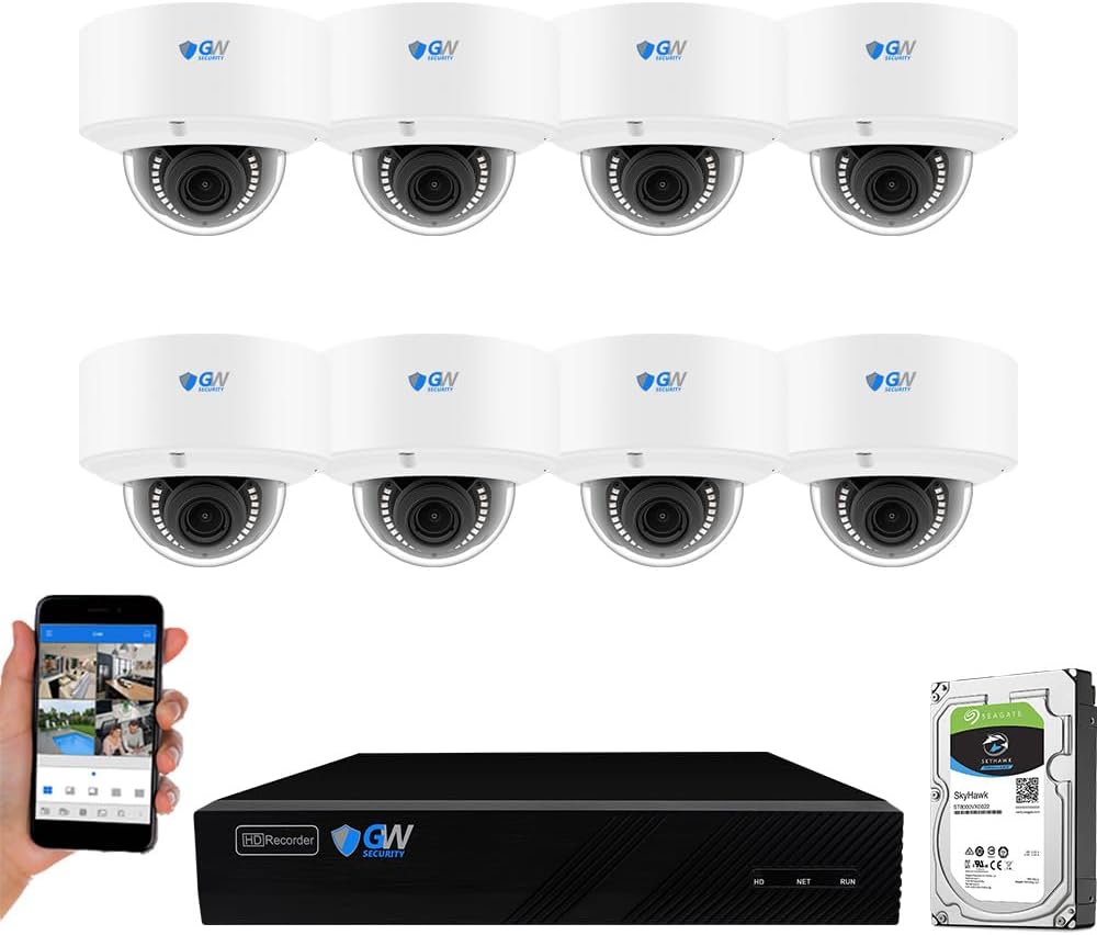 GW Security 8 Channel 8-Megapixel 4K (3840x2160) NVR with (8) UltraHD 4K 8MP 2.8~12mm Varifocal Zoom H.265+ Outdoor/Indoor Waterproof Microphone Audio&Video PoE IP Smart AI Dome Cameras