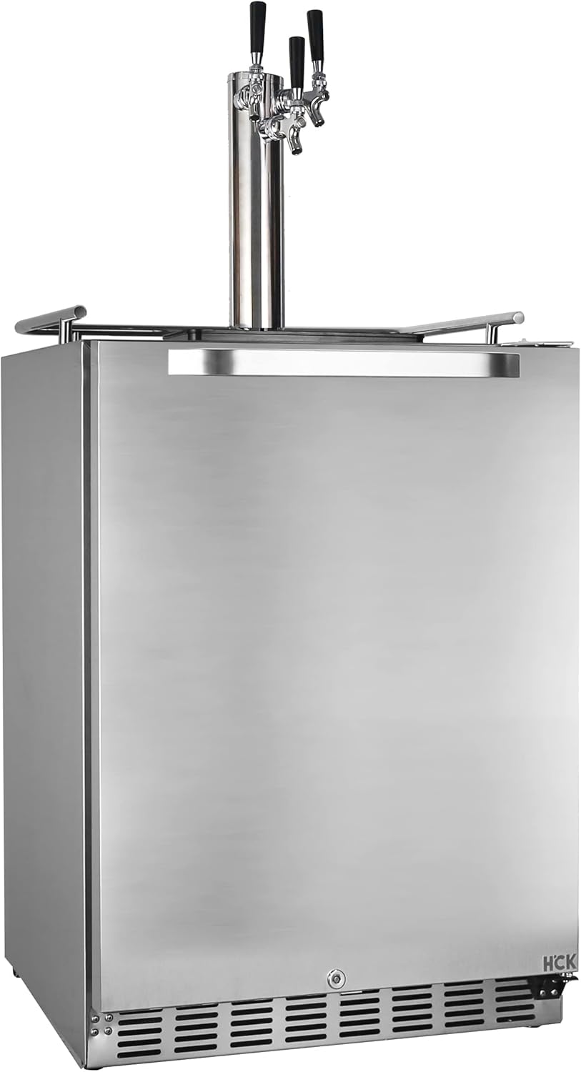 HCK Kegerator, 24 Inch Outdoor Kegerator for Patio with 3 Taps, Full Size Beer Dispenser and Beverage Refrigerator with Auto Defrost & Reversible Stainless Steel Door, Ideal for Home Bars