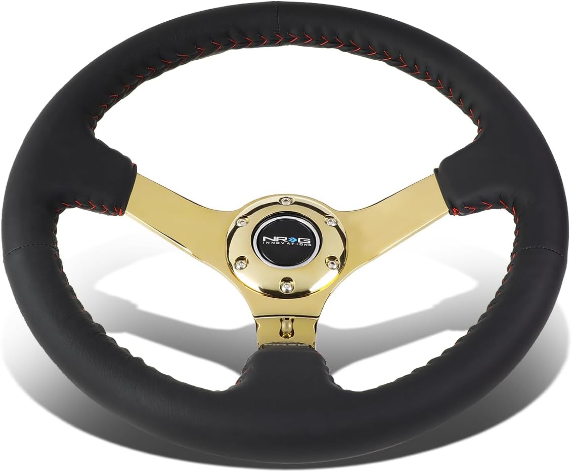 NRG Innovations NRG-RST-036GD Reinforced Steering Wheel - 350mm Sport Steering Wheel (3' deep) Black Leather with Red Baseball Stitching - Chrome Gold Spoke