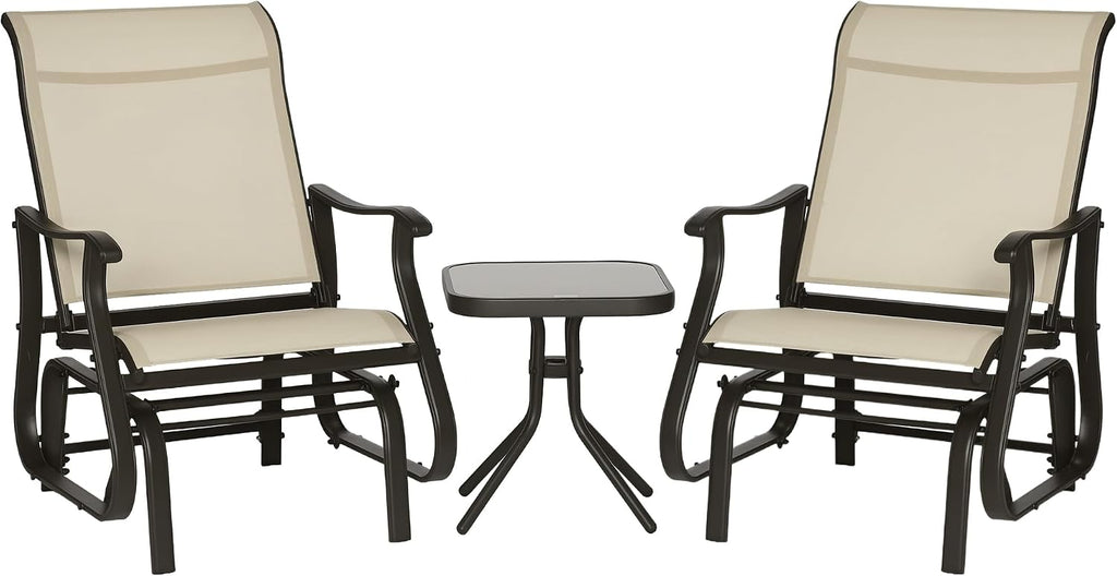 Outsunny 3-Piece Outdoor Gliders Set, Bistro Table and Chairs with Steel Frame, Tempered Glass Top Table for Patio, Garden, Backyard, Lawn, Beige