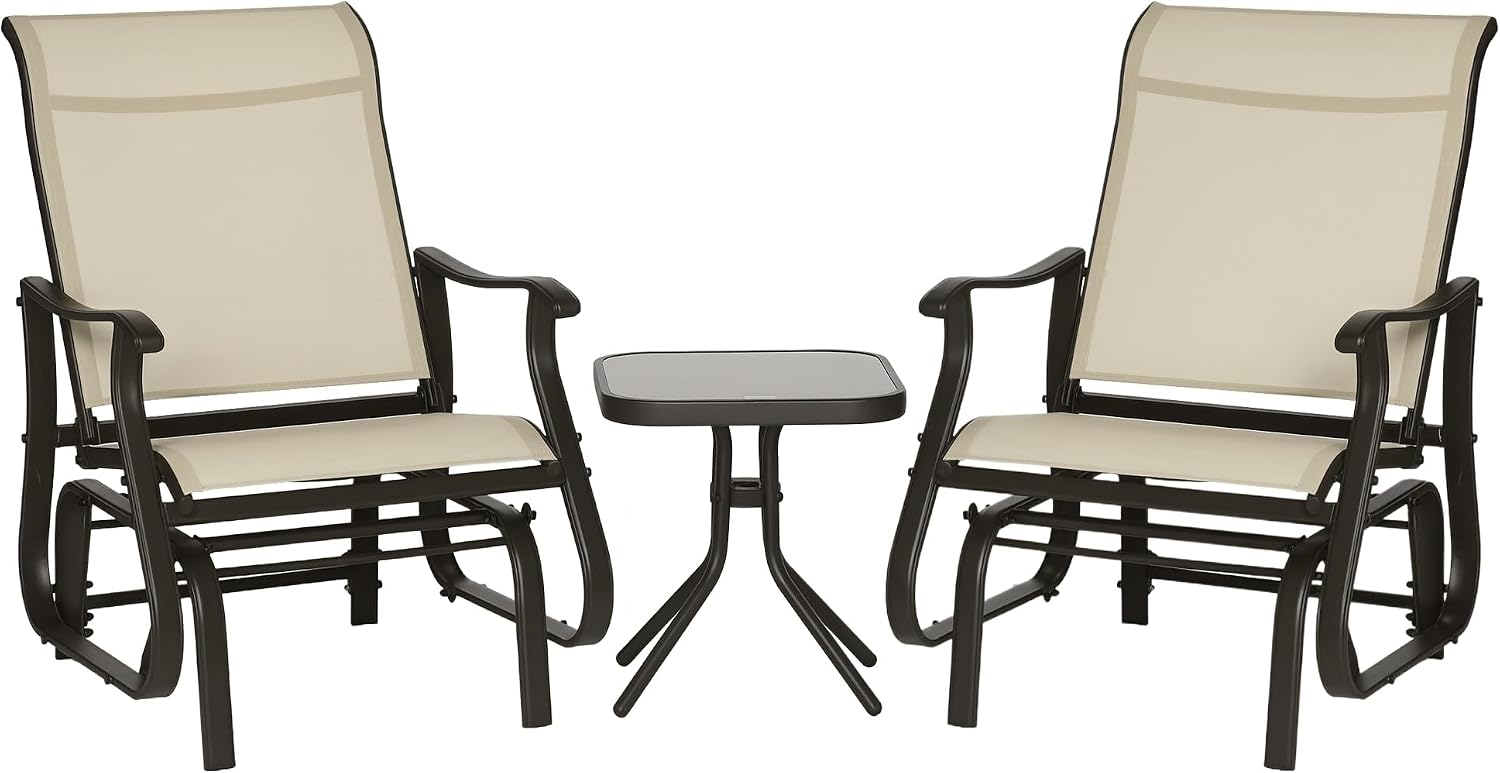 Outsunny 3-Piece Outdoor Gliders Set, Bistro Table and Chairs with Steel Frame, Tempered Glass Top Table for Patio, Garden, Backyard, Lawn, Beige