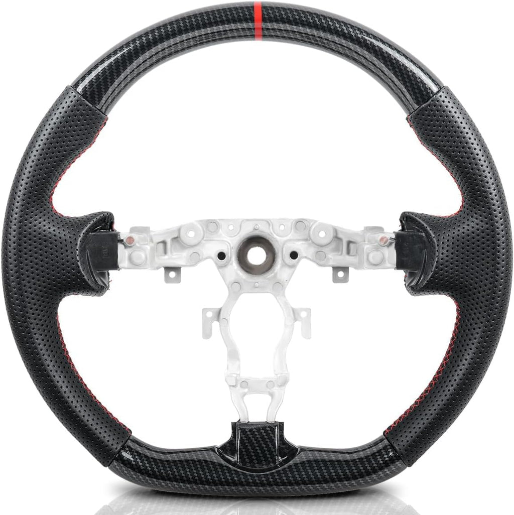 Carbon Fiber Style Steering Wheel for Nissan 370Z 2009-2020, Juke 2011-2017, Maxima 2009-2014, Fits Infiniti FX35 FX37 FX50 QX70 2009-2017, Red Stitching Flat Bottom Sport Grip Replacement