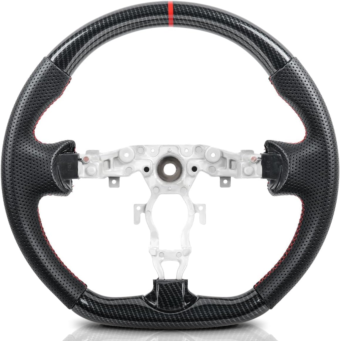 Carbon Fiber Style Steering Wheel for Nissan 370Z 2009-2020, Juke 2011-2017, Maxima 2009-2014, Fits Infiniti FX35 FX37 FX50 QX70 2009-2017, Red Stitching Flat Bottom Sport Grip Replacement