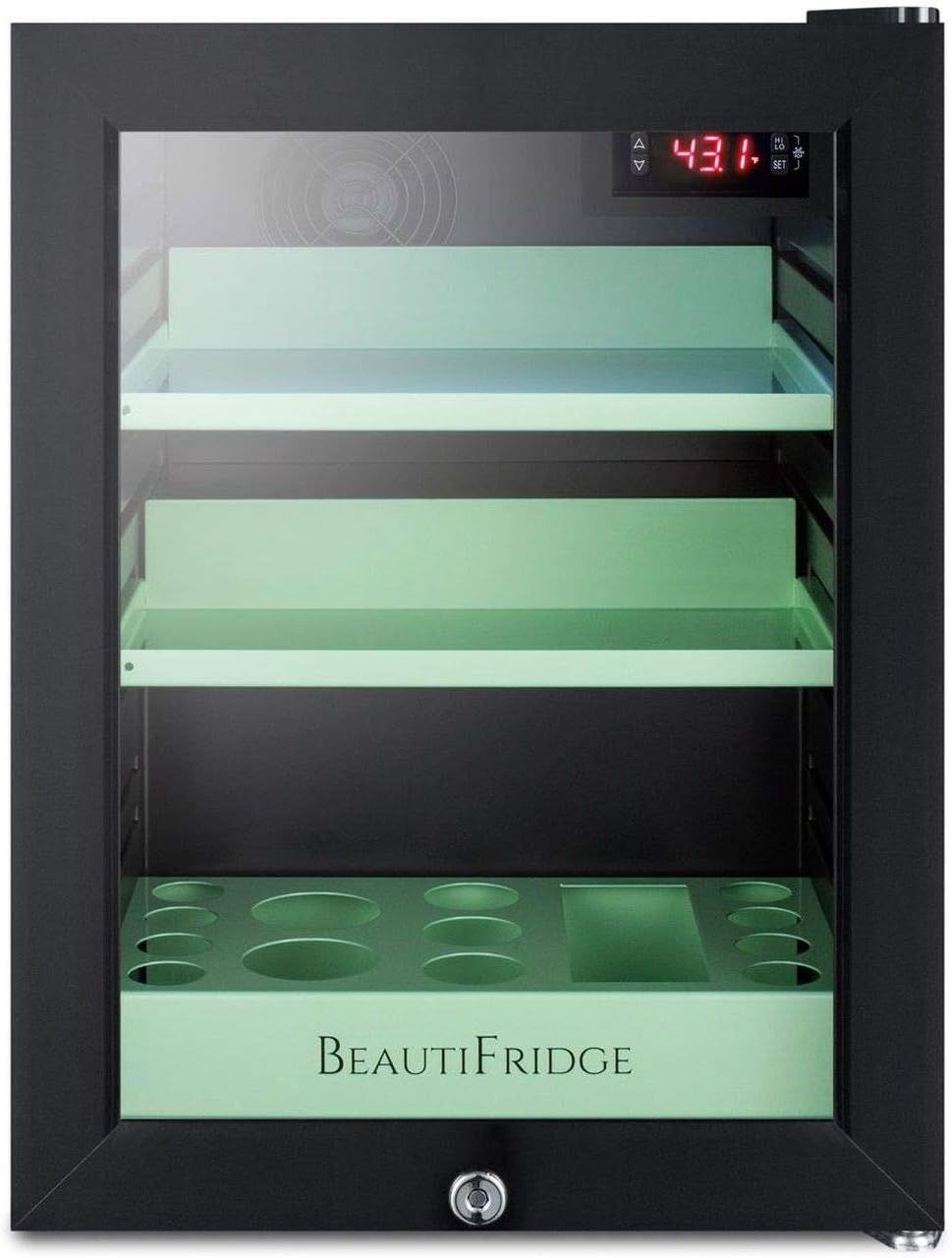 Summit Appliance LX114LG BeautiFridge Compact Cosmetics Cooler with Glass Door, Black; 0.85 cu.ft Capacity, Digital thermostat, Automatic defrost, Factory Installed Lock, Bottle Shelf, Removable Trays
