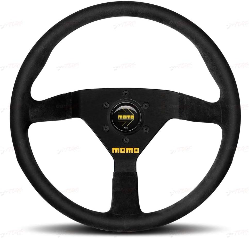 MOMO Motorsport MOD.78 Suede Racing Steering Wheel – 350mm, 36mm Deep Dish, Yellow Horn, 3-Spoke, 6-Bolt Aluminum Frame – Authentic MOMO Italian Aftermarket Wheel. Quick Release Hub Adapter Required
