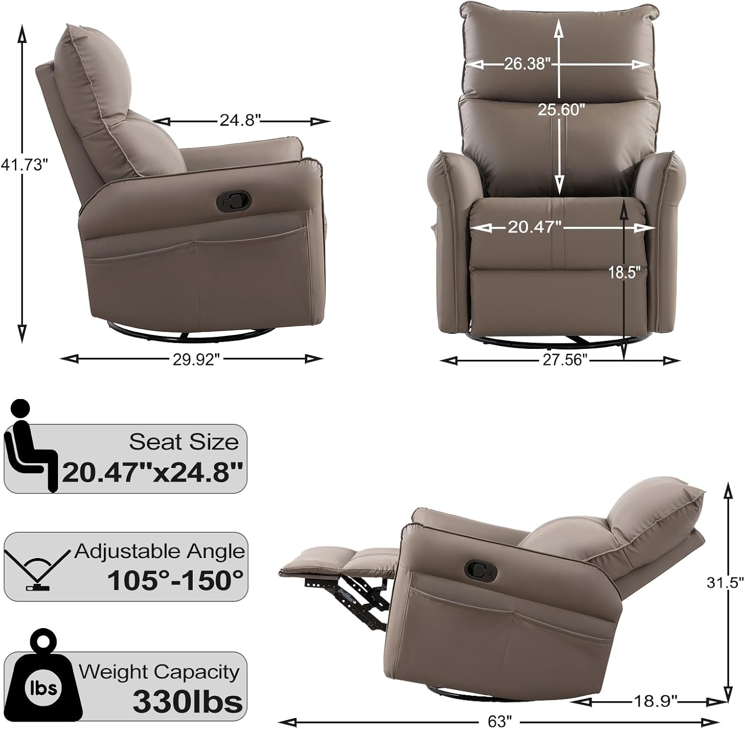 cinkehome Swivel Rocker Recliner Chair, Modern Faux Leather Manual Recliner, Glider Recliner, 360 Swivel, 30 Rocking, Relaxing, Living Room, Bedroom