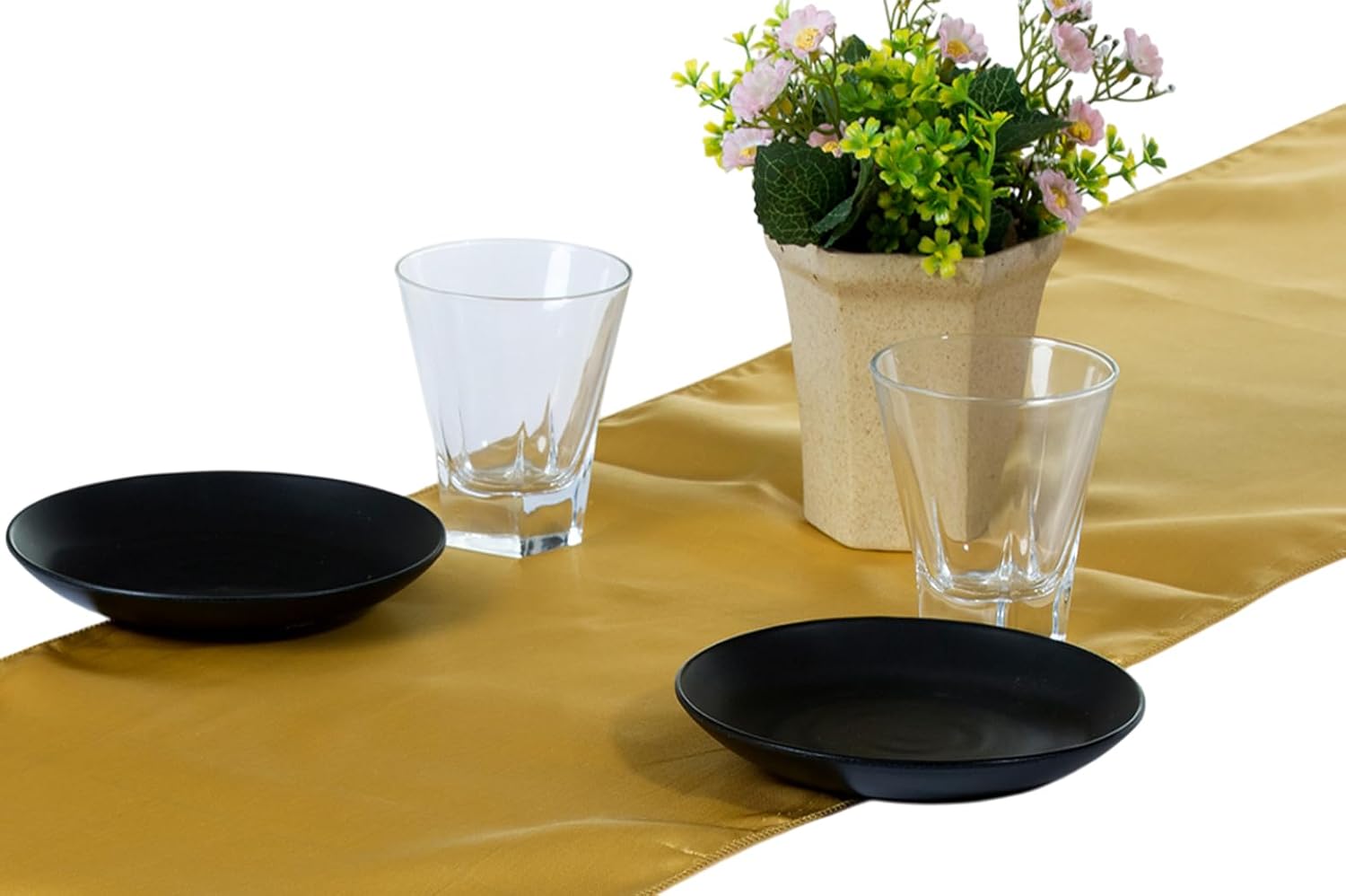 MDS 50 PCS Satin Table Runners 12 x 108 Inch Charmeuse Sateen Silk Table Runner for Indoor Outdoor Wedding Reception Birthday Graduation Party Event Banquet Dining Table Decoration - Gold
