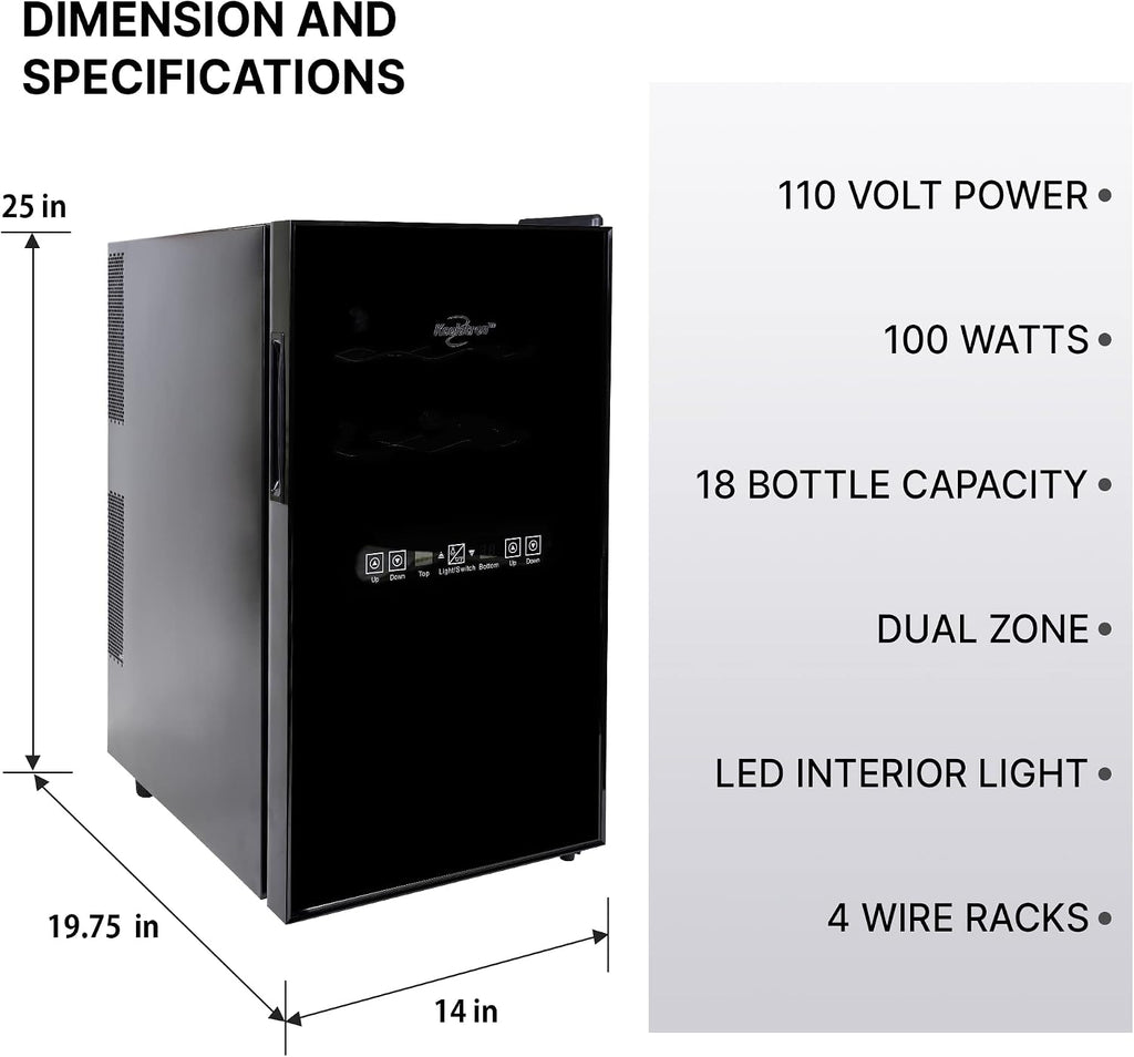 Koolatron 18 Bottle Dual Zone Wine Cooler, Black Thermoelectric Wine Fridge, 1.7 cu. ft (48L), Freestanding Wine Cellar, Red, White, Sparkling Wine Storage for Home Bar, Kitchen, Apartment, Condo