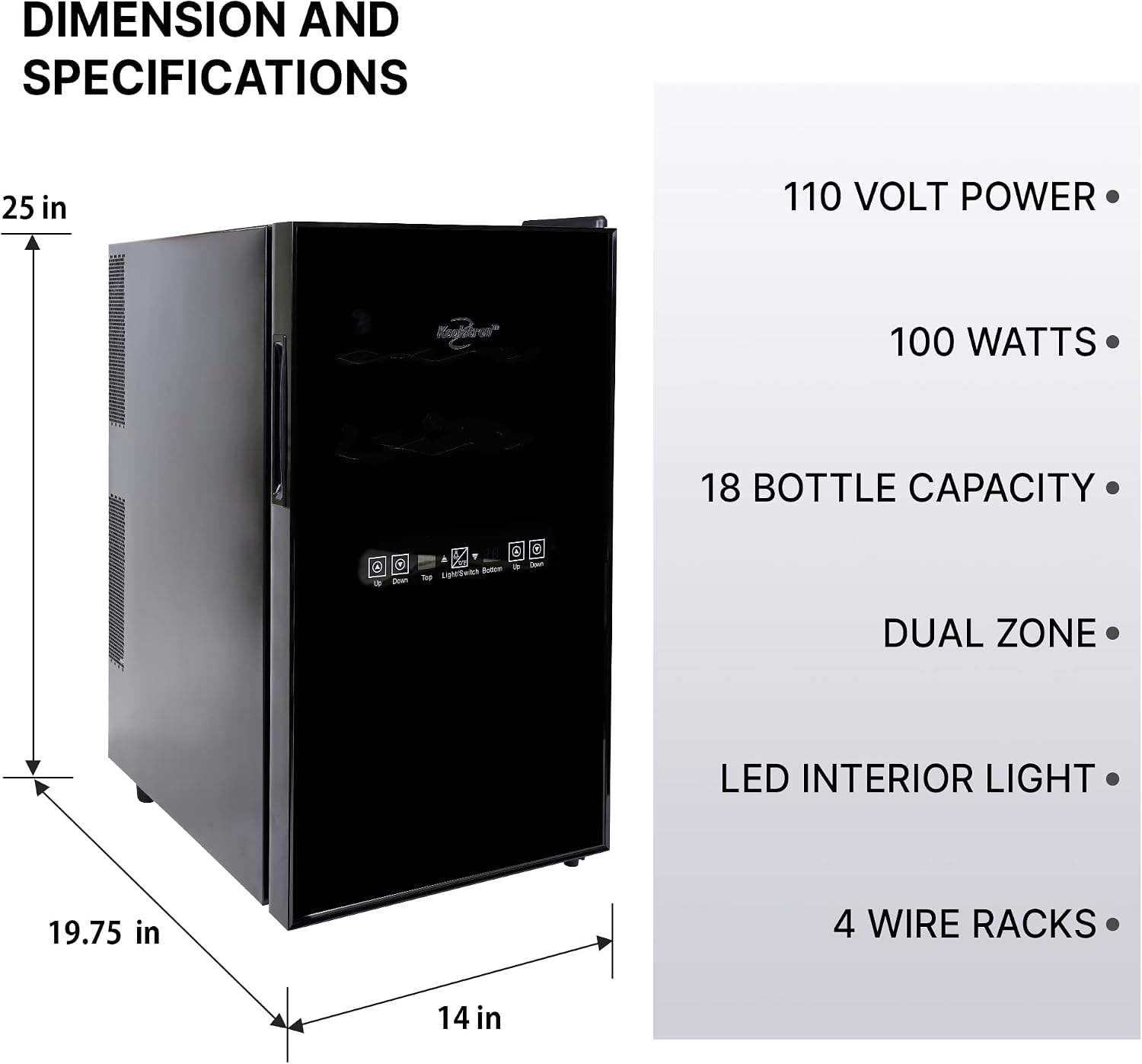 Koolatron 18 Bottle Dual Zone Wine Cooler, Black Thermoelectric Wine Fridge, 1.7 cu. ft (48L), Freestanding Wine Cellar, Red, White, Sparkling Wine Storage for Home Bar, Kitchen, Apartment, Condo