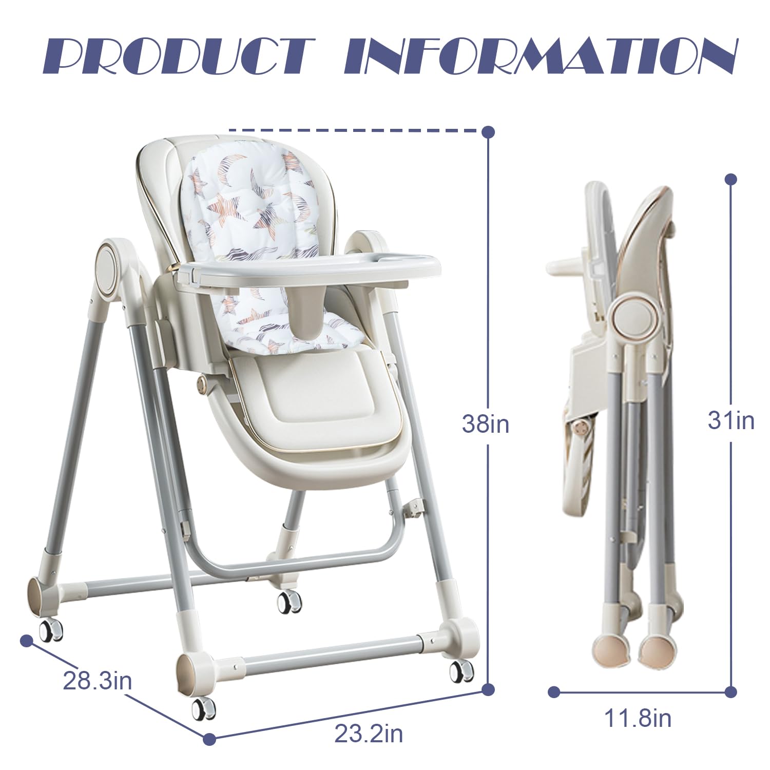 5 in 1 Baby High Chair Swing Combo - Foldable Baby High Chair with Removable Washable Soft Cushion and Tray, Adjustable Height & Recline, Lockable Wheels for 6-36 Months Infants Boys Girls