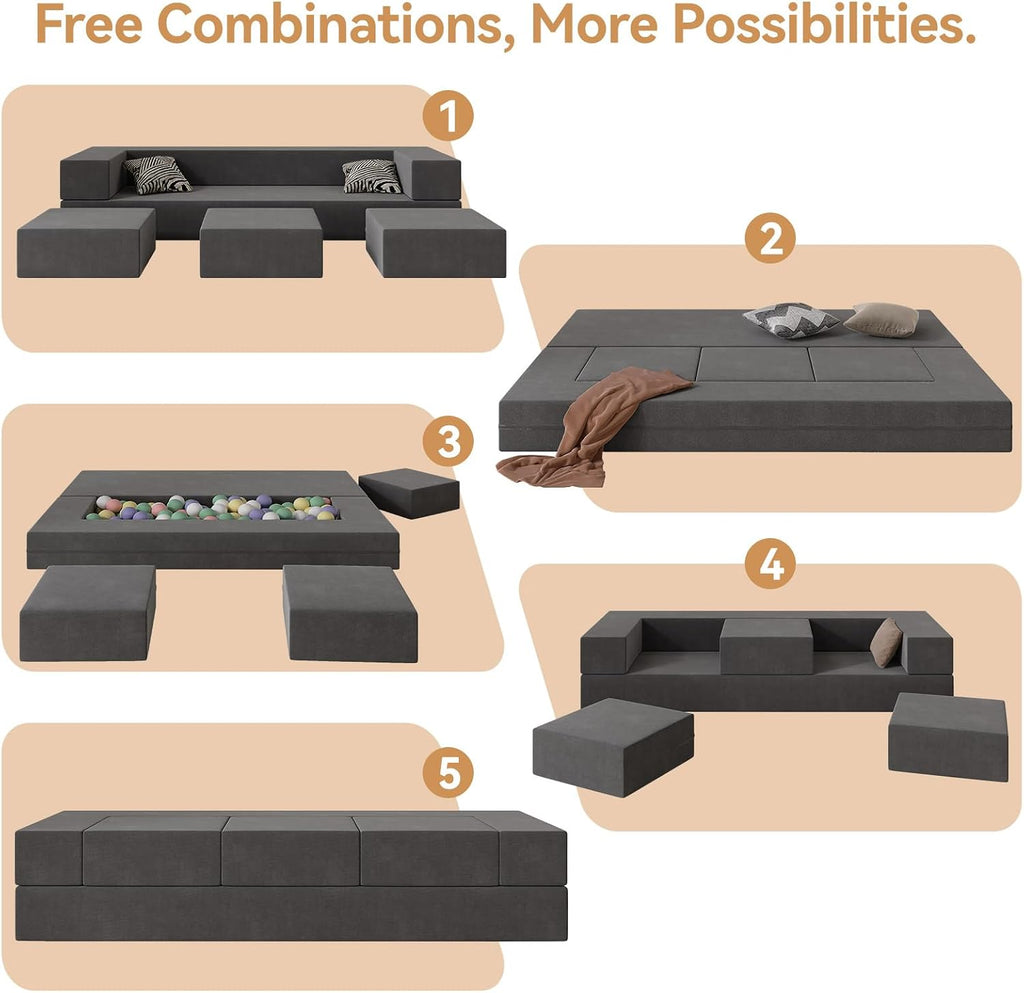 80'' Folding Bed Couch, Foam Floor Sofa with 3Ottomans& Washable Velvet Cover,Modular Sectional Sofa Futon Sleeper Convertible Memory Mattress for Guest/Living Room/Playroom,Queen,Deep Grey