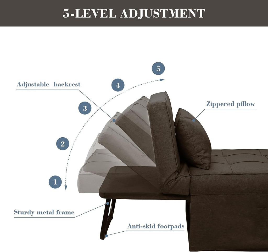 Ainfox Convertible Sofa Bed,4-in-1 Multi-Functional Futon Chair Bed, Folding & No Installation Sofa Couch with Adjustable Backrest Recliner for Living Room, Small Spaces and Office(Dark Brown)