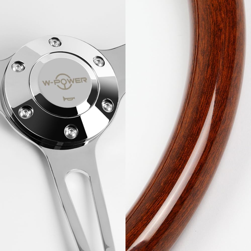 W-Power, 15' Reinforced 380mm 6 Bolt Hole Aluminum Finised Brown Wood Grain Trim Steering Wheel, Chrome Horn Button JDM Euro VIP Style, 3' Deep (Brown Wood Grain/Chrome Spoke)
