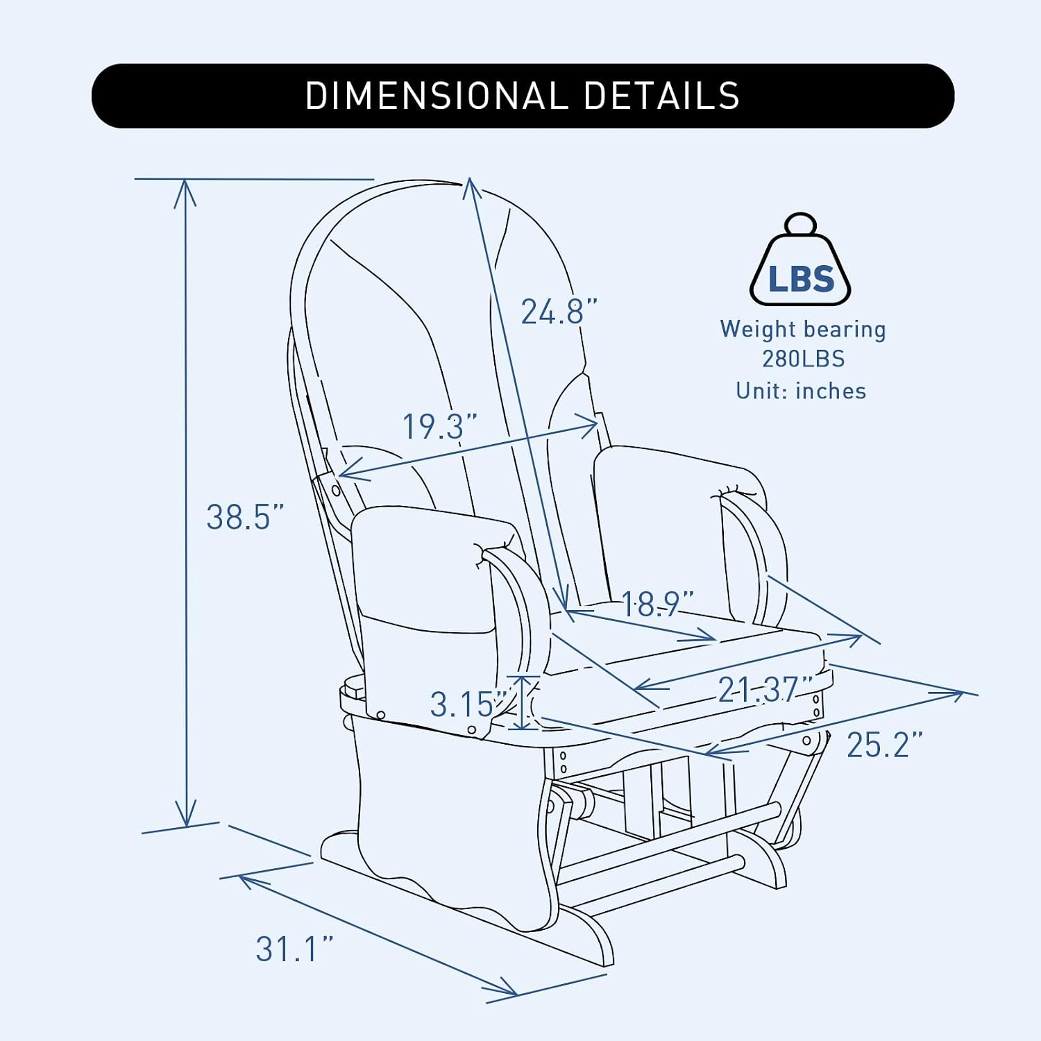 Solid Wood Nursery Glider Rocking Chair, Nursing Rocker Chair with Padded Cushion Armrest, Silent Smooth Rocking Motion for Indoor Living Room Napping Reading, Natural Wood +Blue