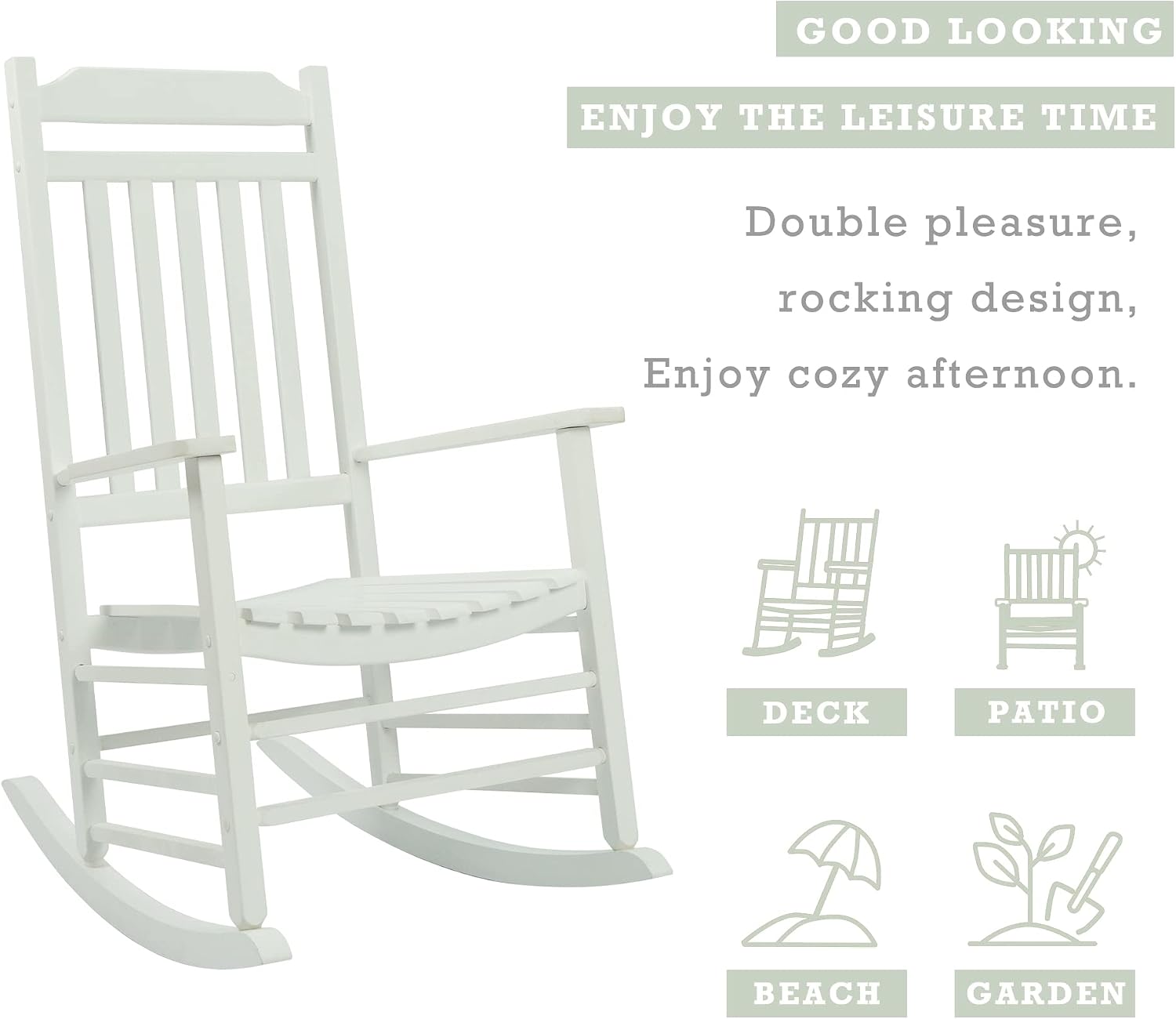 Kozyard Wooden Rocking Chair, Solid Wood Outdoor Rocker Chair with High Back & Slatted Seat, Ergonomic Porch Rocking Chair for Patio, Balcony, Garden, Indoor Outdoor Use (White)