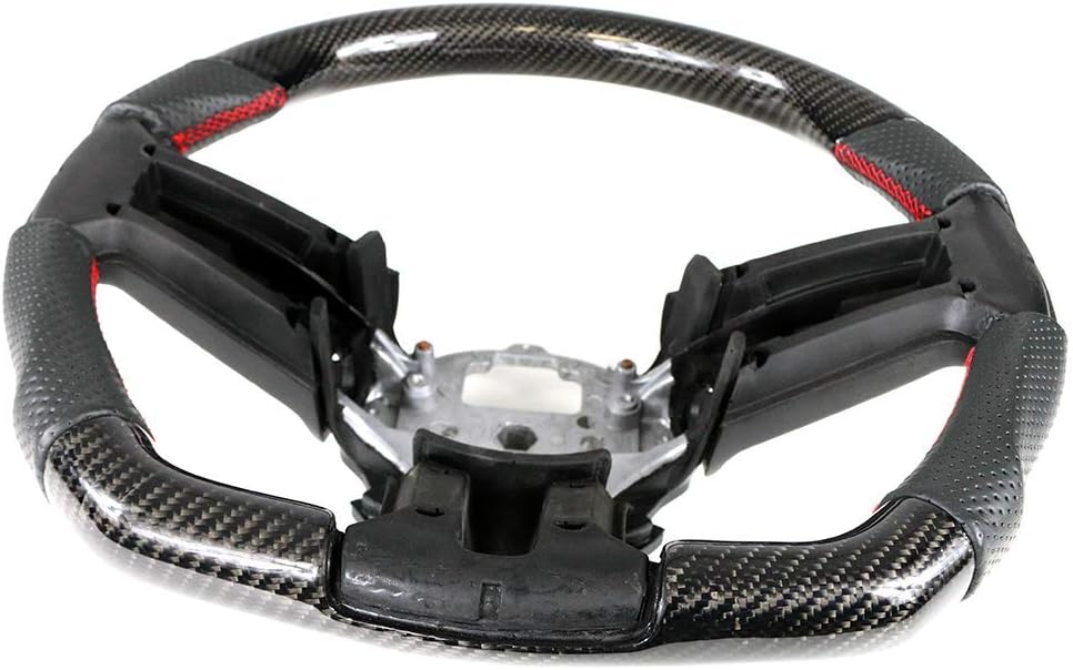 IKON MOTORSPORTS, Steering Wheel Compatible With 2010-2014 Ford Mustang, Black Carbon Fiber & Perforated Leather Steering Wheel Brushed Kit With Red Stitching, 2011 2012 2013