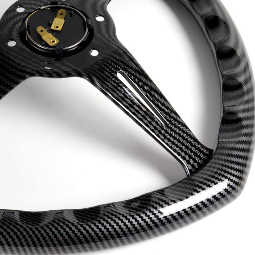 W-Power,13.5' Universal 343mm 6 Bolt Hole 3-Inche Deep Dish Aluminum Polished Heart-Shaped with Wood Grip Steering Wheel, Black Horn Button JDM Euro VIP Style, 3-Spoke (Carbon Black)