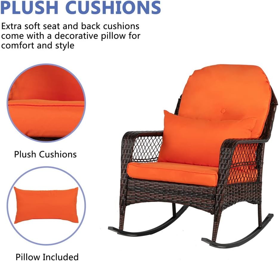 Outdoor Wicker Rocking Chair, Patio Rattan Rocker Chair with Cushions & Steel Frame, All-Weather Rocking Lawn Wicker Furniture for Garden Backyard Porch