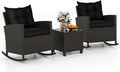 Tangkula 3 Piece Wicker Rocking Set, Patio Rattan Roker Chairs with Tempered Glass Table & Soft Cushions, Outdoor Furniture Set for Backyard, Poolside Porch (Black)