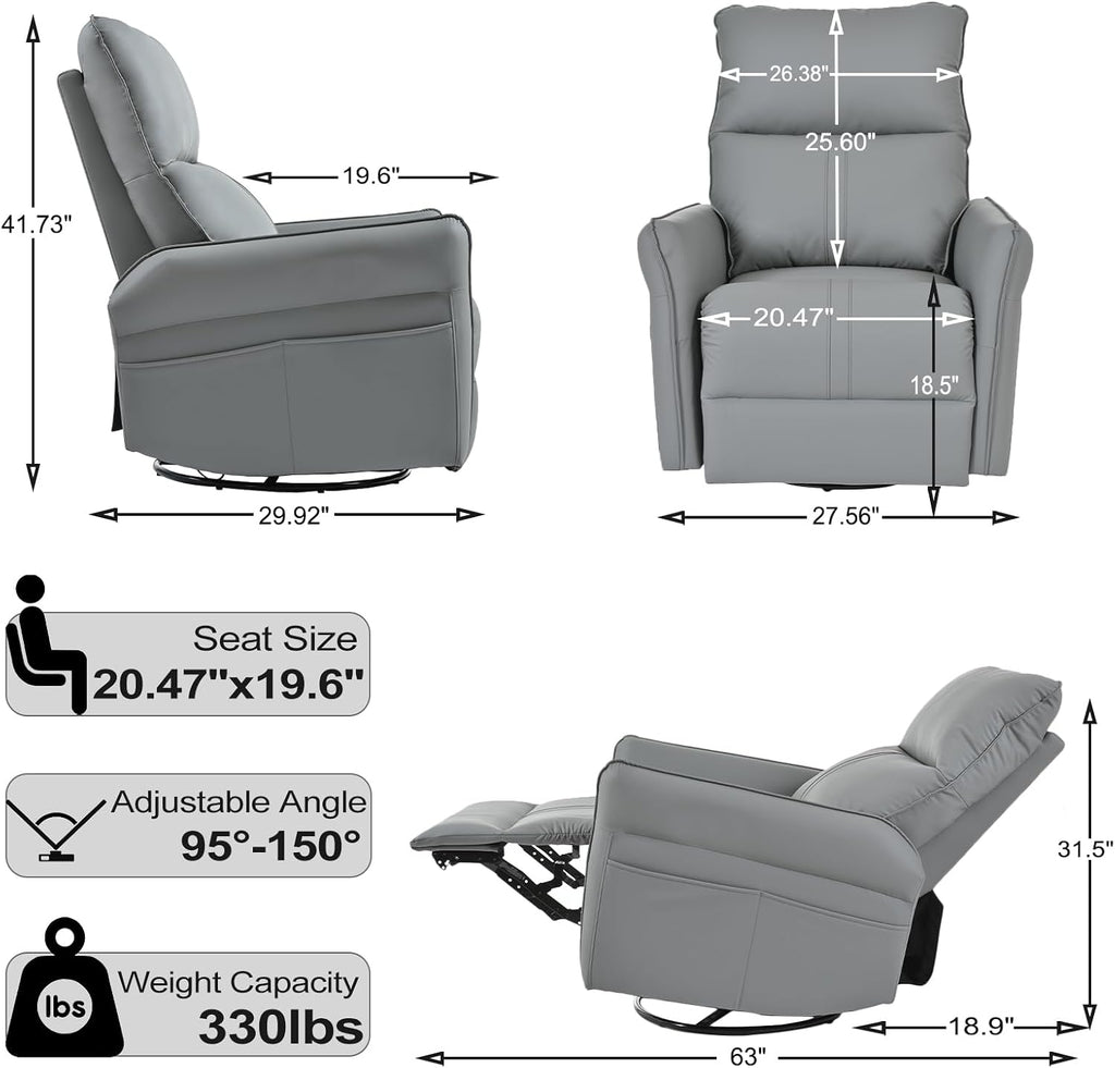cinkehome Swivel Rocker Recliner, Glider Rocker Recliner Chair for Nursery, Overstuffed Manual Reclining Chair for Small Spaces, Living Room