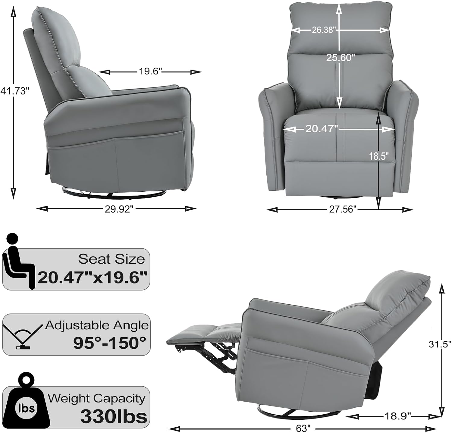 cinkehome Swivel Rocker Recliner, Glider Rocker Recliner Chair for Nursery, Overstuffed Manual Reclining Chair for Small Spaces, Living Room