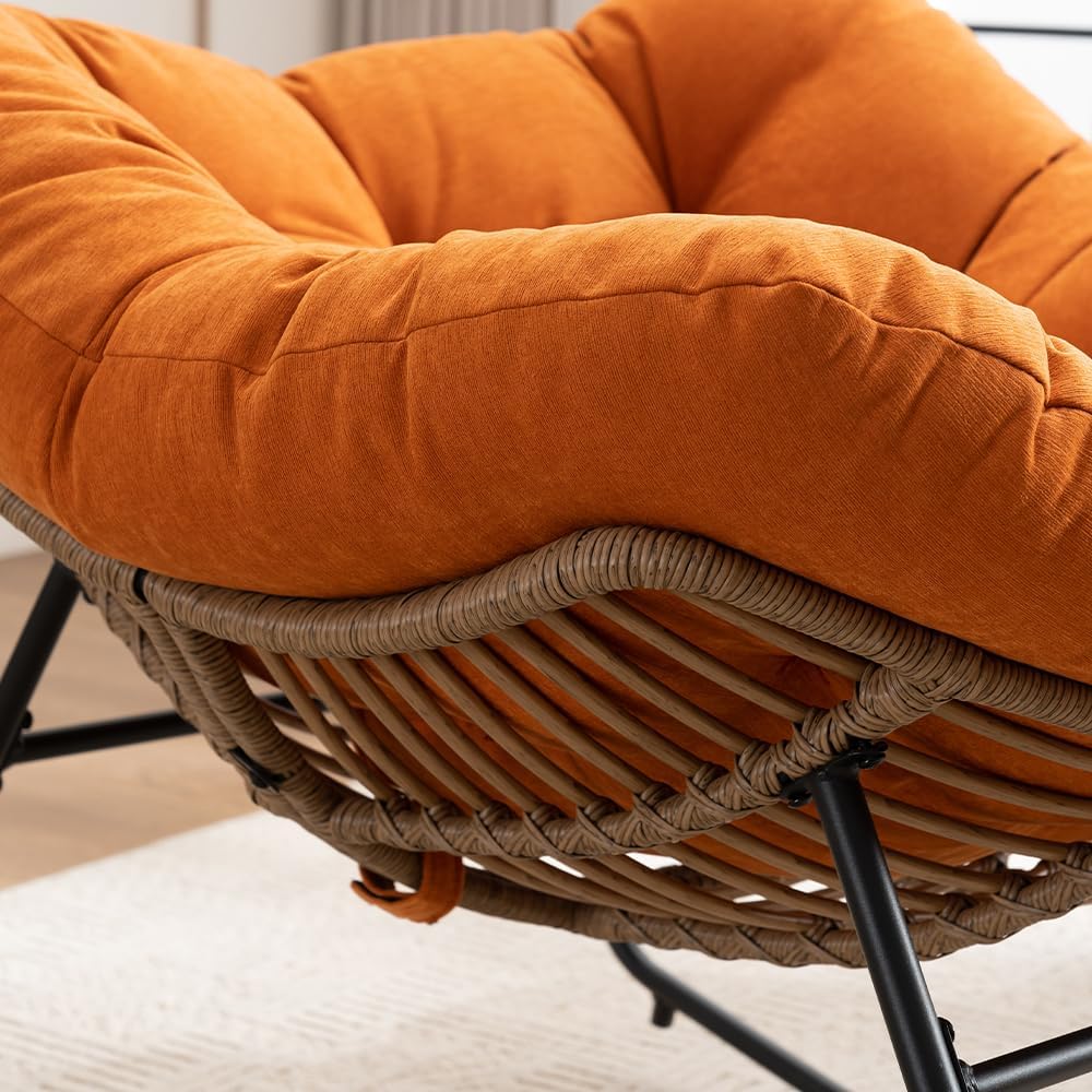 Outdoor Papasan Chair, Oversized Rocking Chair with Cushion and Metal Frame, Patio Lounge Rocking Chair for Balcony Backyard Porch Bedroom Living Room (Orange)