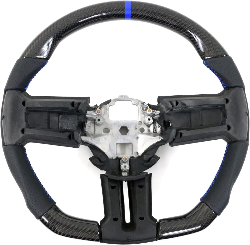 IKON MOTORSPORTS, Steering Wheel Compatible with 2010-2014 Ford Mustang, Steering Wheel Bodykit Replacement Carbon Fiber & Leather Blue Stitch & Indicator, 2011 2012 2013