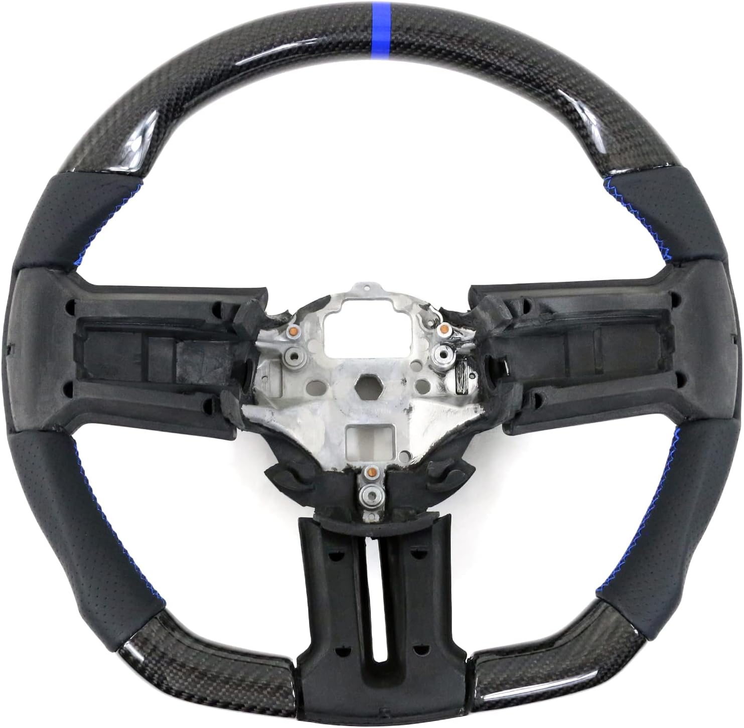IKON MOTORSPORTS, Steering Wheel Compatible with 2010-2014 Ford Mustang, Steering Wheel Bodykit Replacement Carbon Fiber & Leather Blue Stitch & Indicator, 2011 2012 2013