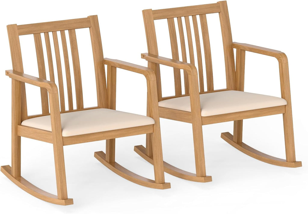 Giantex Rocking Chair with Cushioned Seat, Indoor Solid Rubber Wood Rocker Chair w/Slatted Back & Curved Armrests, Wooden Accent Armchair for Living Room, Bedroom, Study, Porch (2,Natural + Beige)