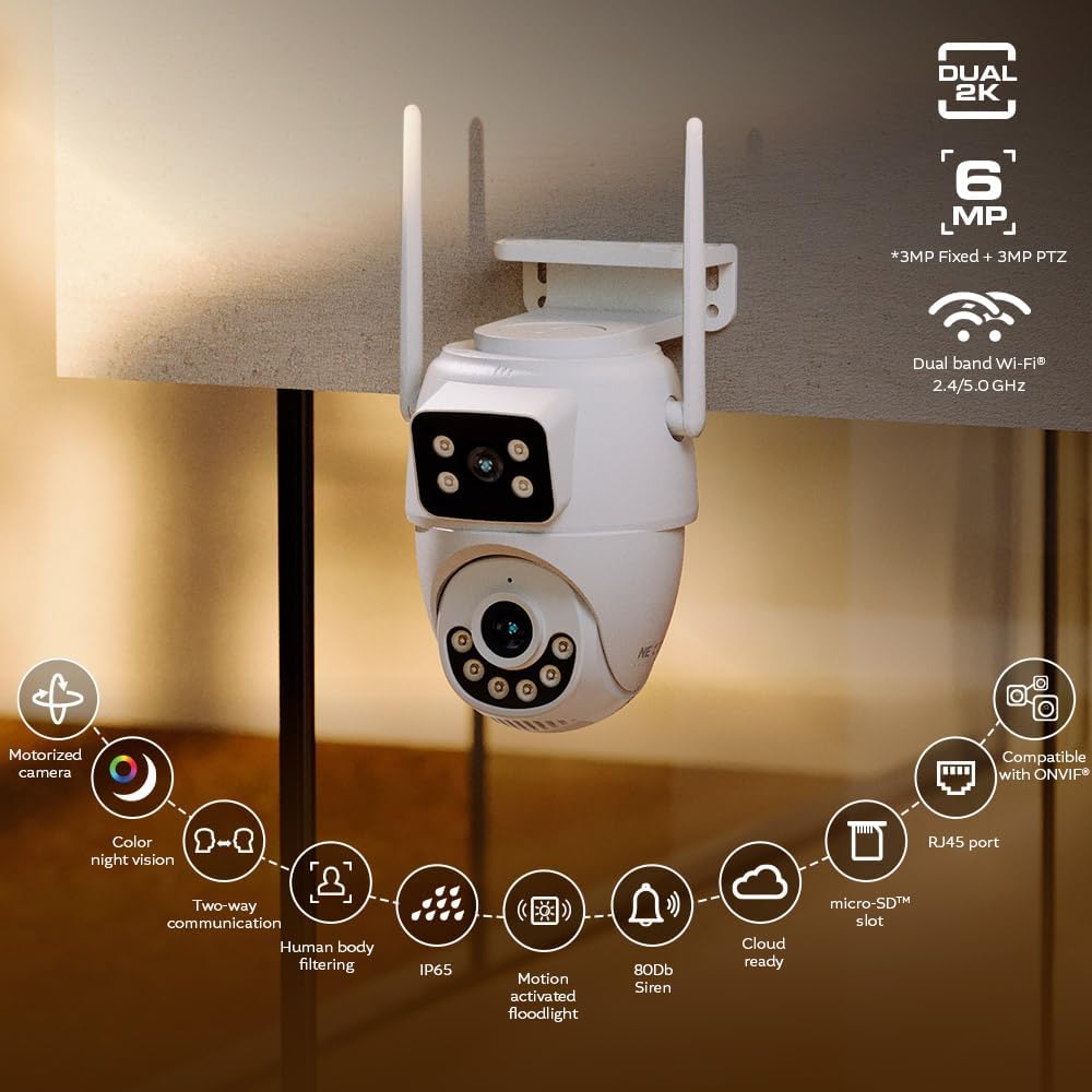 Nexxt Solutions Smart Dual Lens PTZ Wi-Fi Outdoor Security Camera | 2K Dual View Surveillance with Human Detection, Night Vision | Two-Way Audio, 80dB Siren, IP65 Weatherproof, microSD Storage