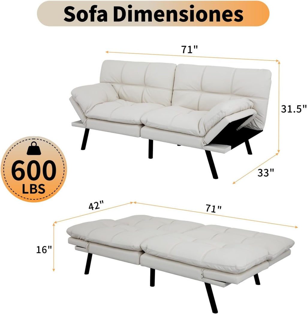 MUUEGM 71' Futon Sofa Bed, Modern Convertible Loveseat Sleeper, Faux Leather Couch with Adjustable Back & Arms for Small Spaces, Office & Apartment - Ivory