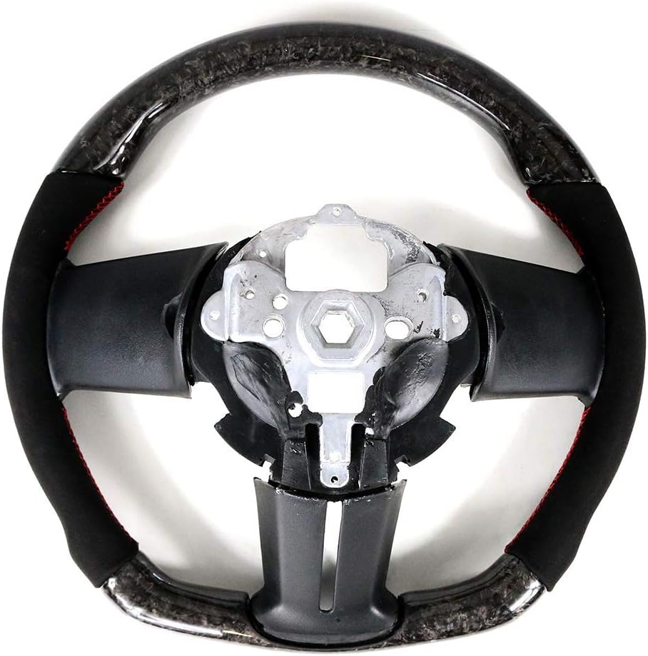 IKON MOTORSPORTS, Steering Wheel Compatible With 2010-2014 Ford Mustang, Forged Carbon Fiber & Synthetic Suede Steering Wheel Brushed Kit With Red Stitching, 2011 2012 2013