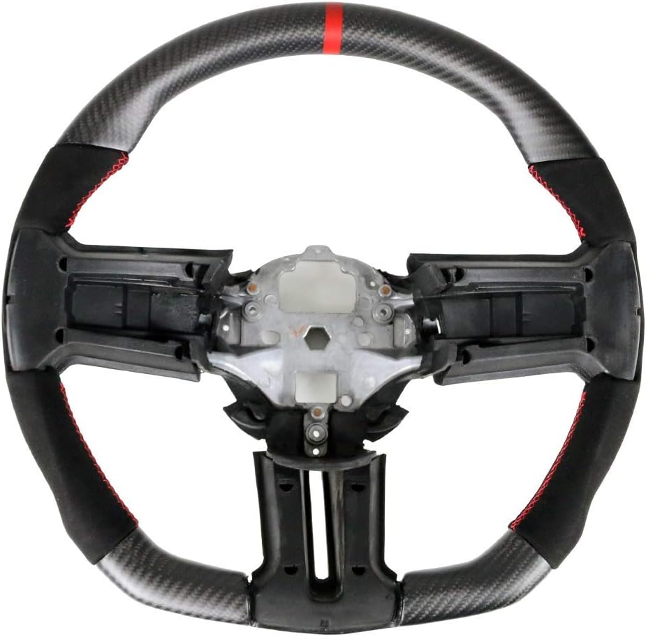 IKON MOTORSPORTS, Steering Wheel Compatible With 2010-2014 Ford Mustang, Matte Carbon Fiber MCF & Synthetic Suede Steering Wheel Brushed Kit With Red Stitching & Indicator, 2011 2012 2013