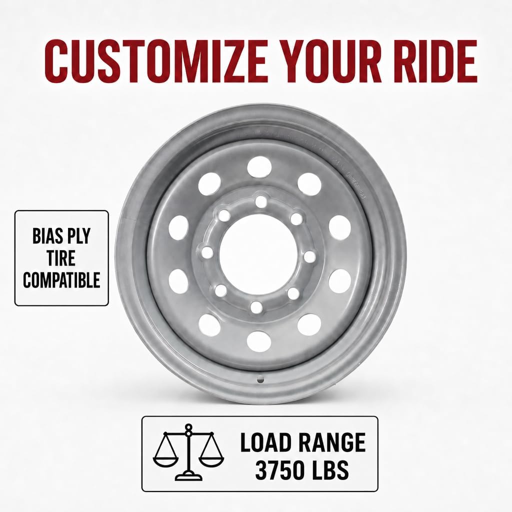 eCustomrim 2-Pack Trailer Wheel 16X6 16 Inch 8 Lug Silver Modular Rim | 16 X 6 Silver Grey Rim, 8 Lug on 6.5 Inch Bolt Pattern, 4.90 Inch Center Bore, 3750 Lbs Max Load, Trailer Tire Use Only