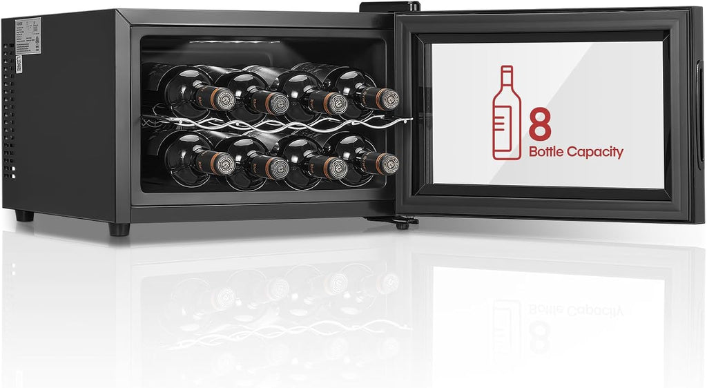 FOHERE 8 Bottles Countertop Wine Fridge, Small Wine Fridge with Double Glass Doors, LED Light, Digital Temperature Control, Wine Cellar for Bar, Home, Office