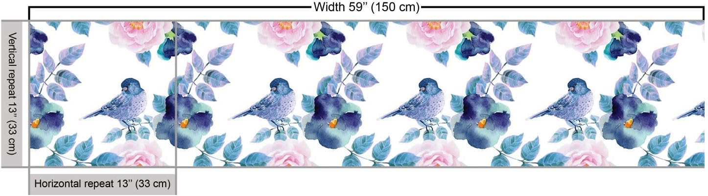 Lunarable Floral Fabric by The Yard, Watercolor Flower Petals and Bird Summer Spring Themed Art, Decorative Fabric for Upholstery and Home Accents, 10 Yards, Blue Petrol