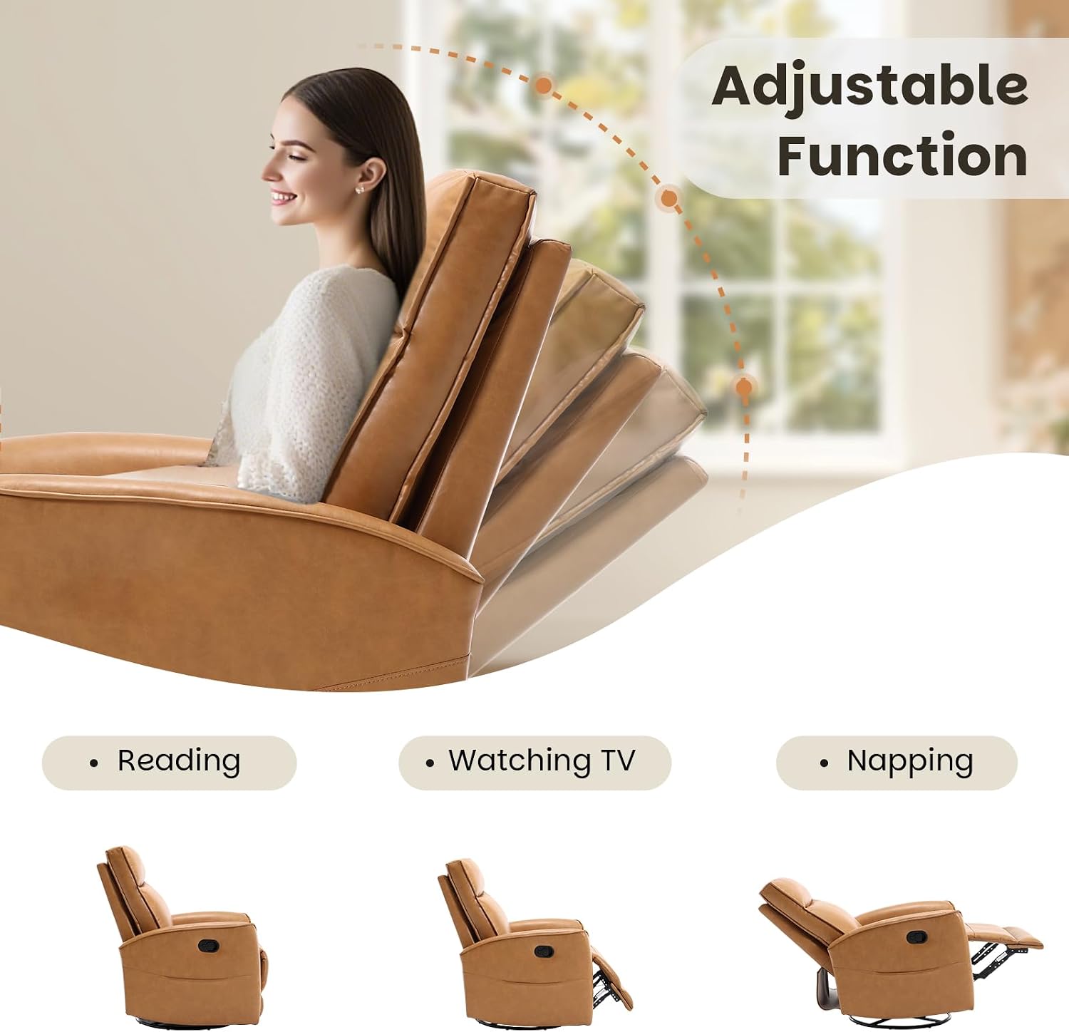 CANMOV Leather Recliner Chair, Swivel Rocker Recliner Chair, 360°Swivel Nursery Glider Recliner, Manual Recliner for Small Spaces,Living Room,Bedroom,Brown